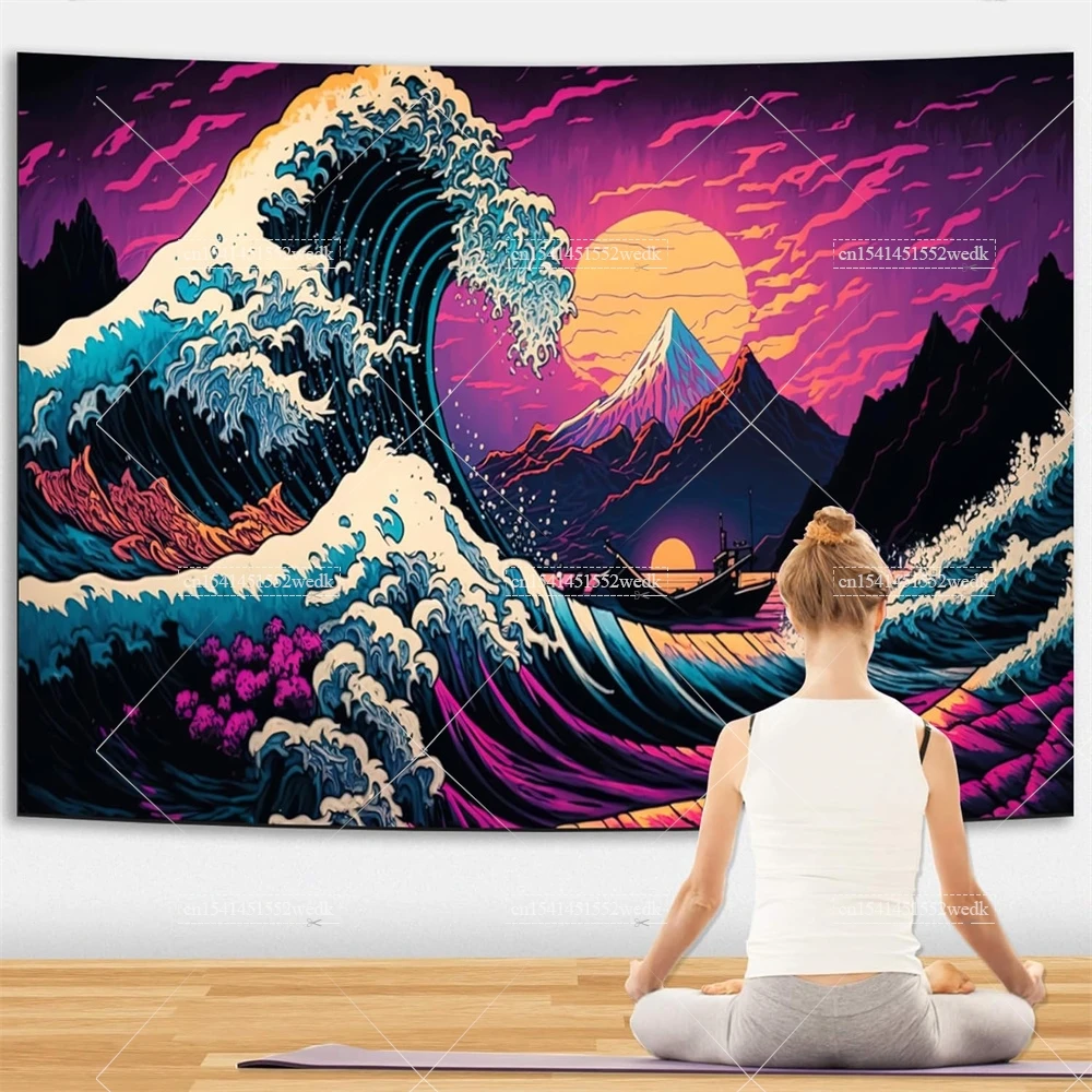 Great Wave Off Kanagawa Blacklight Tapestry UV Reactive Neon Wall Hanging Landscape Fluorecent Tapestries Aesthetic Decor Room