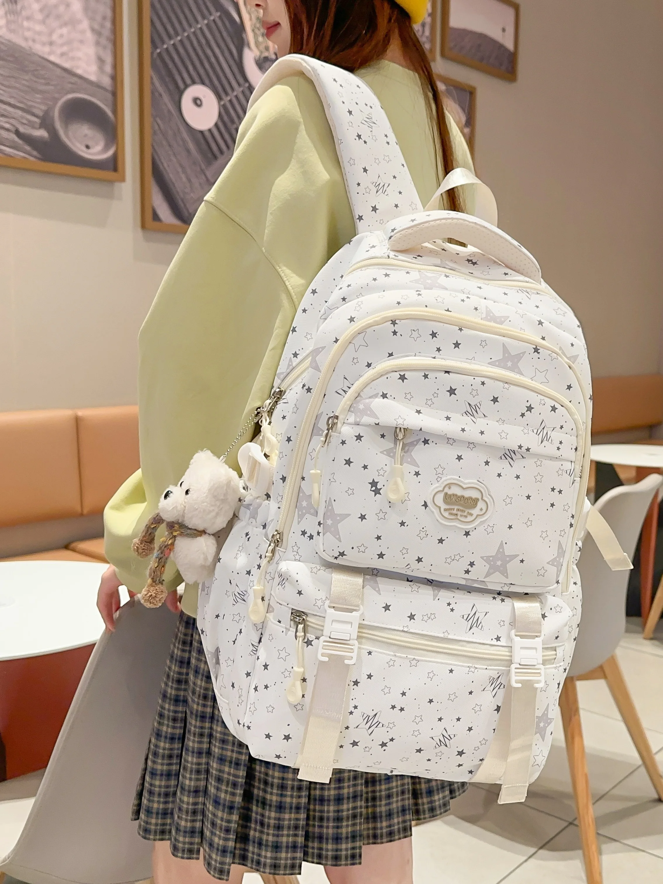 大容量スタープリントバックパック-女子学生向け-大容量-高い美的価値-中学校-高校-大学-バックパック