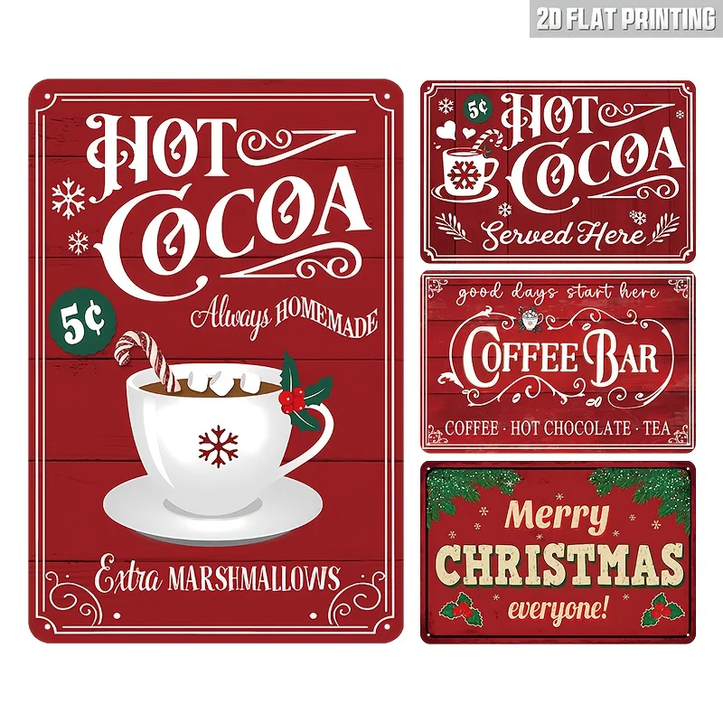 4pcs Decorative Plaque Set, Christmas Retro Decoration, Hot Cocoa Metal Sign, Retro Christmas Wall Art Decoration, Funny Retro