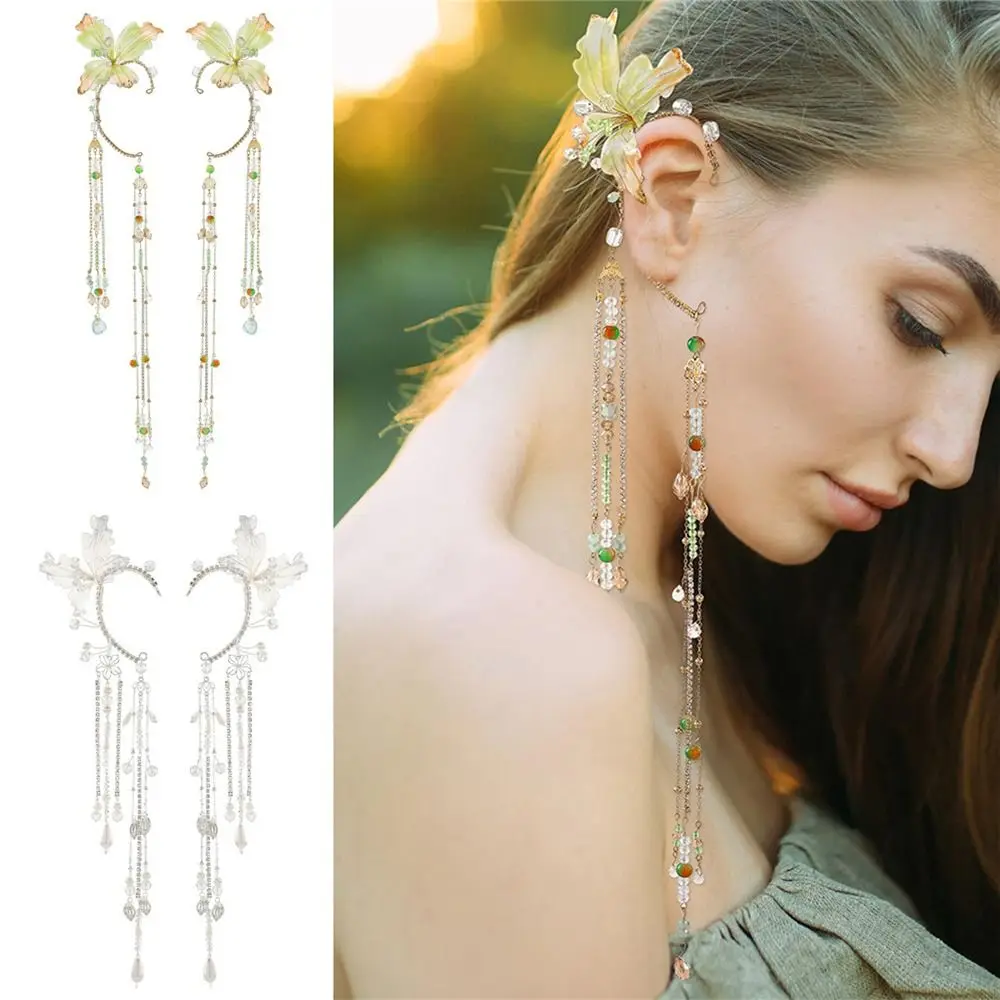 Pendientes de elfo Renaissan-ce, pendientes sin perforación con forma de sirena, flor blanca, hoja dorada, para Halloween, Navidad, fiesta de boda