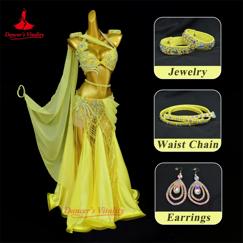 Belly Dance Set Diamond Bra Flutter Sleeves Fishtail Skirt Performance Suit High-End Custom Adult Child Competition Clothes