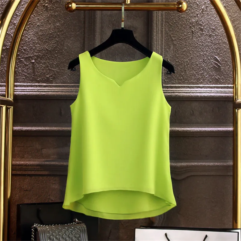 New Women Chiffon Vest Tops Sleeveless V-Neck Ladies Top Oversized Tank Tops White Black Rose Green