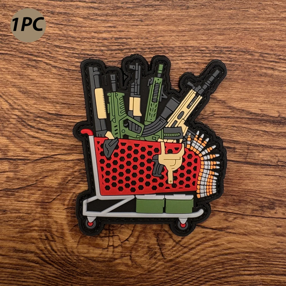 Una arma Patrón de carrito de compras Etiqueta de material de PVC Parche de insignia de moral, utilizado para brazaletes, mochilas y chalecos tácticos, Parche bordado de decoración de ropa Goma suave
