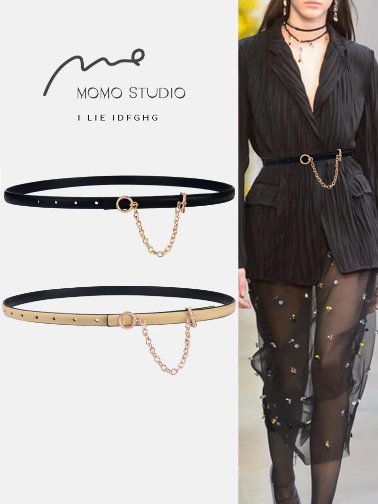 

Fashion Women slim Belt with Round Buckle Metal Chain Genuine Leather Waist Belt Chain Black Decorative for Jeans Skirt Adjust