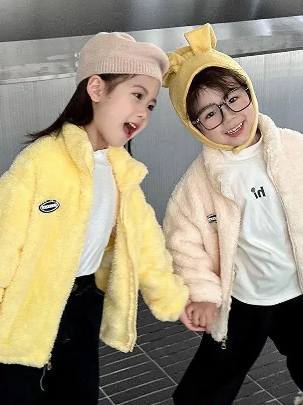 

Thiened Cotton Padded Coral Fce Autumn Winter Jaet for Kids Boys Girls Outerwear Flannel Lined Warm Casual Coat