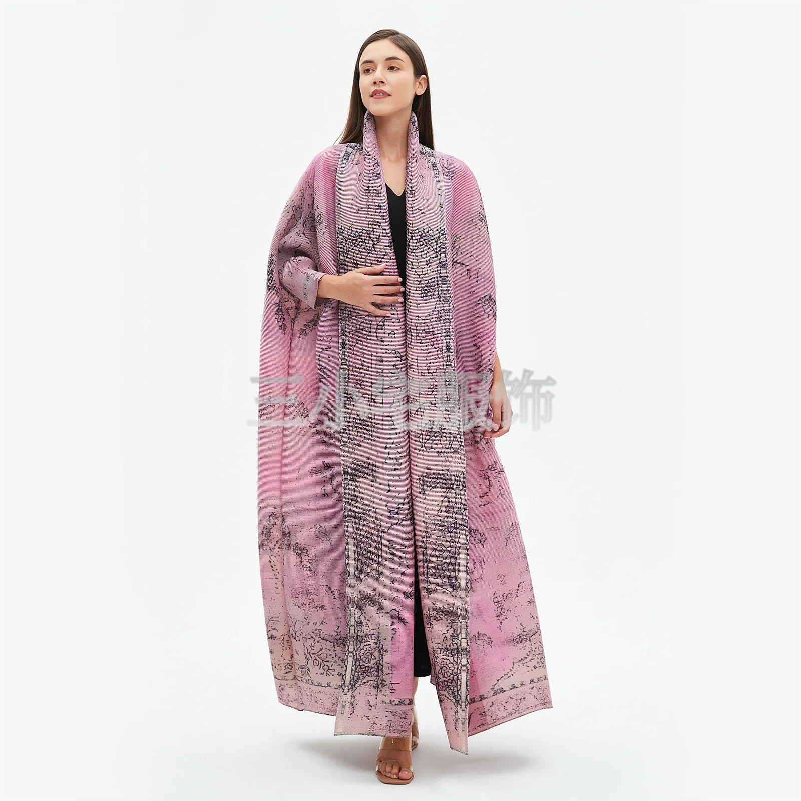 ALSEY Miyake Long Sleeve Printed Dress Windbreak Women 2024 Winter New Original Designer Abayas Turndown Collar Belted Coats