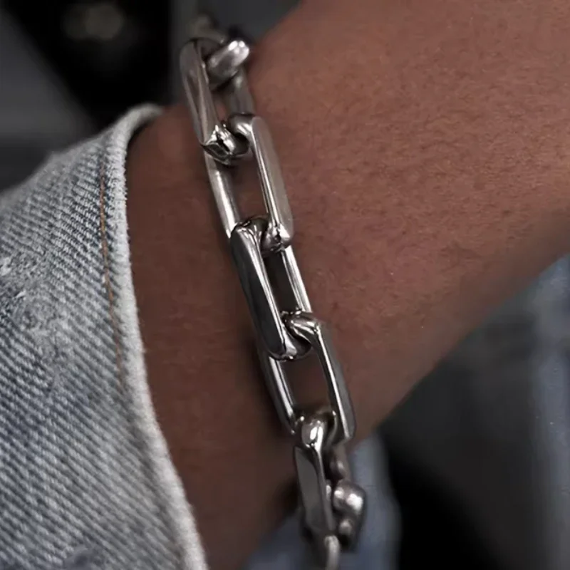 Punk Style Personalized Silver Color Chain Splicing Ot Clasp Bracelet Men and Women Anniversary Gift Holiday Jewelry Accessories