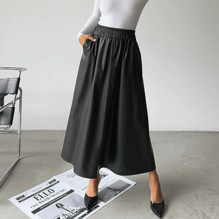 Ankela Red PU Leather Skirt 2024 Autumn/Winter European and American Commuter Elastic Waist A-line Half length Skirt