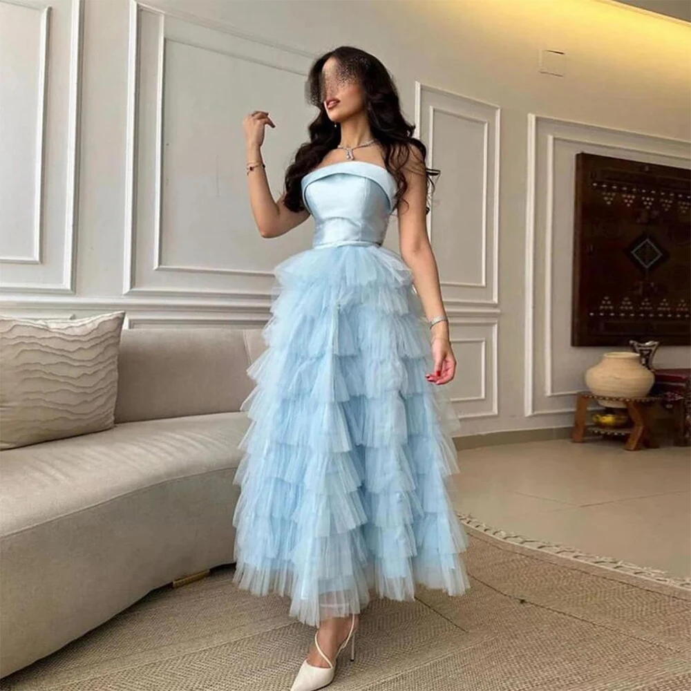 

DRESS FORU Sky Blue Elegant Evening Dresses Tulle for Ankle-Length Strapless Sleeveless Prom Dress Tiered A-line Customized