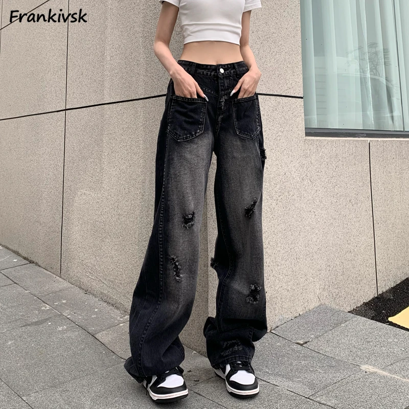 

Women Jeans Bleached Retro Baggy High Waist Schoolgirl American Style Trendy Streetwear Mops Pantalones Stretchy Personality New