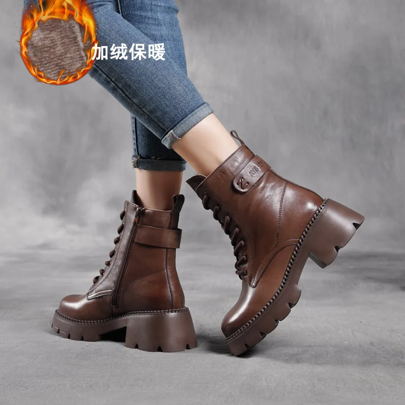 New Arrival Hot Sale Washed First Layer Cowhide Thick Heel High Heel Martin  Fleece-Lined Cotton  Leather Casual Platform Ankle