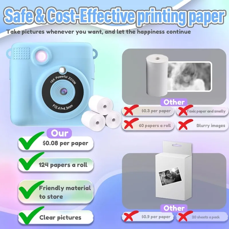 Instant Print Camera for Kids, Christmas Birthday Gifts for Girls Boys Age 3-12,Kids Digital Cameras for Toddler, Portable Toy