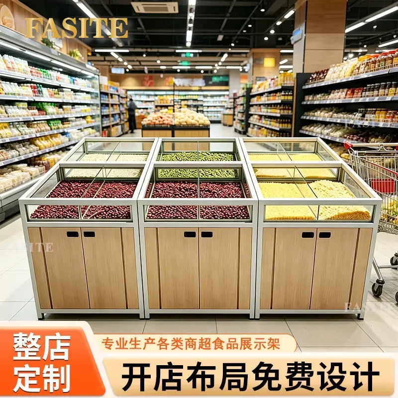 For Supermarket Grains Display Cabinet Dried Fruit Snack Shelves Steel Wood Middle Island Storage Rack Specialty Store Retail