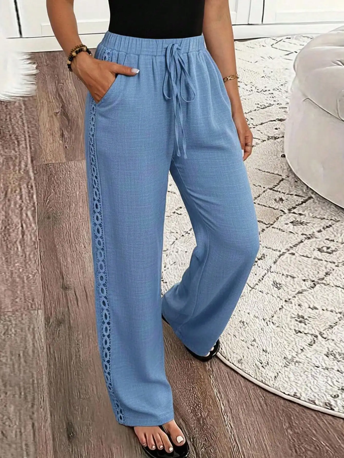 

Женские синие брюки из смесового льна с широкими штанинами, кружевными вставками по бокам, на шнурке, повседневная осенняя одежда