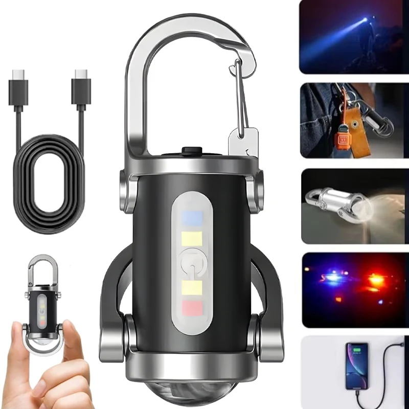 Bright COB LED Keychain Flashlight-Multifunctional USB Rechargeable Work Light 6 Modes Outdoor Lantern for Emergency&Inspection