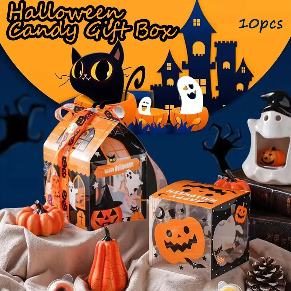 

10Pcs Cartoon Halloween Candy Container Trick or Treat Ghost Pattern Snack Packaging Box Plastic Portable Ghost House Cookie Box