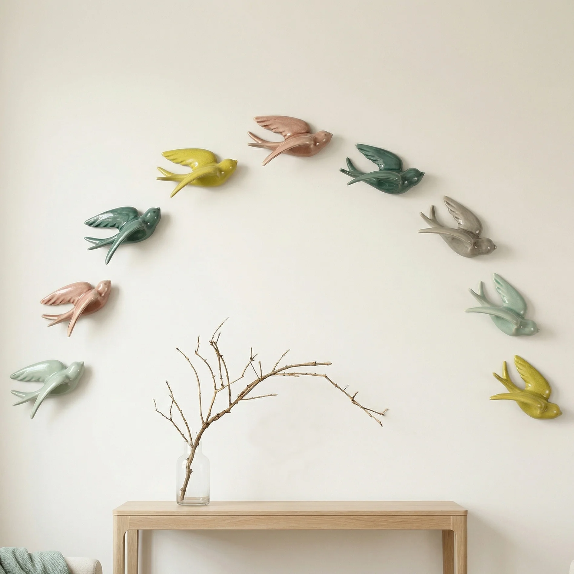 Set of 5 Crackle Glaze Ceramic Swallow Wall Decor 3D Flying Bird Wall Hanging Ornaments, Multi Color Wall Art Sculpture for Home