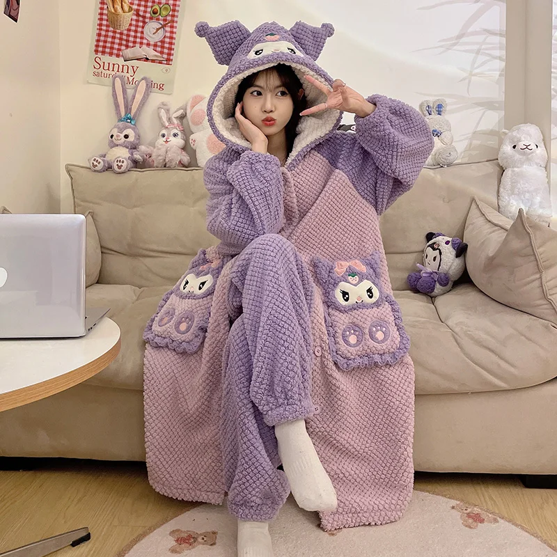 Sanrios أنيمي الشتاء Homewear Kuromi المرأة ثوب النوم مجموعة سميكة المرجان المخملية طويلة الأكمام الدافئة مقنعين منامة Kawaii الكرتون #4