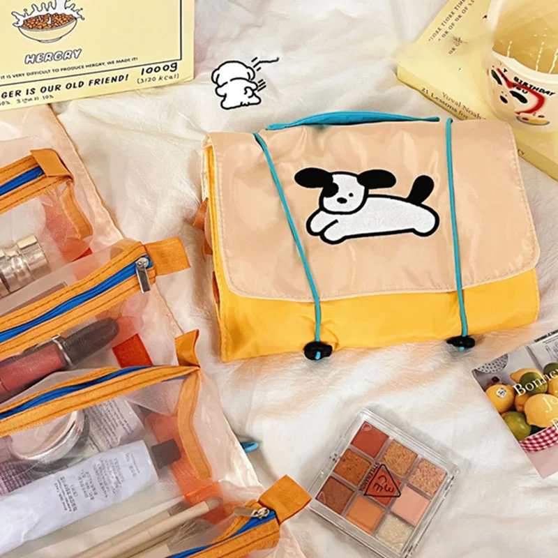 INS Cartoon Dog Makeup Bag 4 IN 1 Removable Mesh Storage Bag Large Capacity Portable Travel Women Wash Bag Makeup Collect Bags