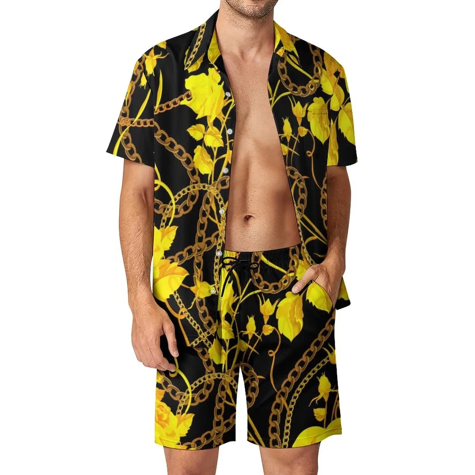 Vintage Shirt 2Pcs Suit 3D Golden Chain print Shirts Beach Shorts Oversized 2Pcs set Vacation Hawaiian Streetwear Man Suits