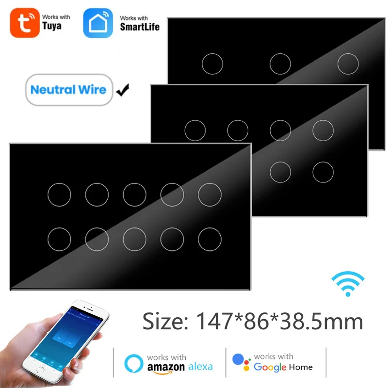 

WIFI Tuya Smart Touch Light Wall Switch Interruptor Glass Panel Samrt Life 4/5/6/8/10 Gang 147*86mm Work with Alexa Google Home