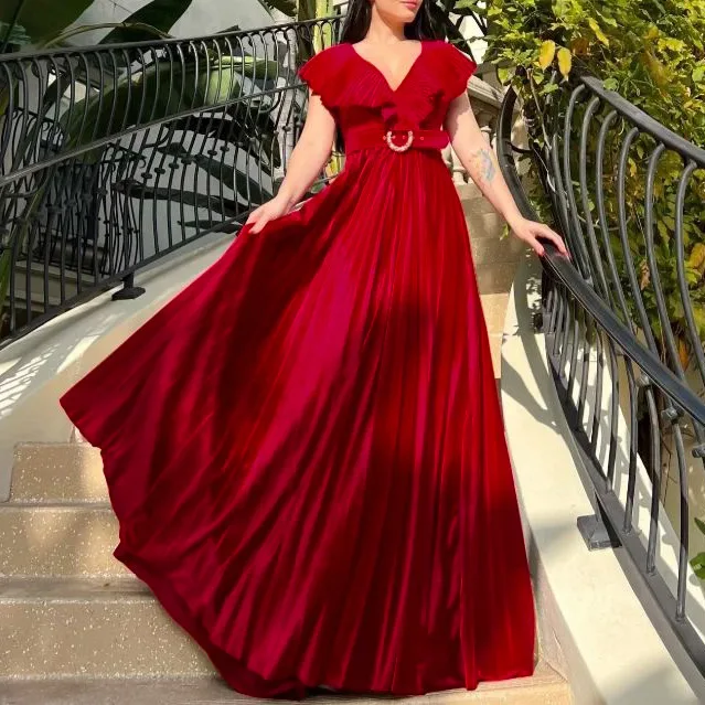 

Belt European and American Plus Size Women's Solid Color Pleated Ruffle Long Dress Gown Dress