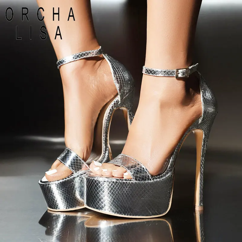 ORCHA LISA Women Sandals Ultrahigh Thin Heels 14.5cm Platform Hill 5cm Buckle Strap Nigtclub Sexy Lady Shoes Large Size 44 45 46