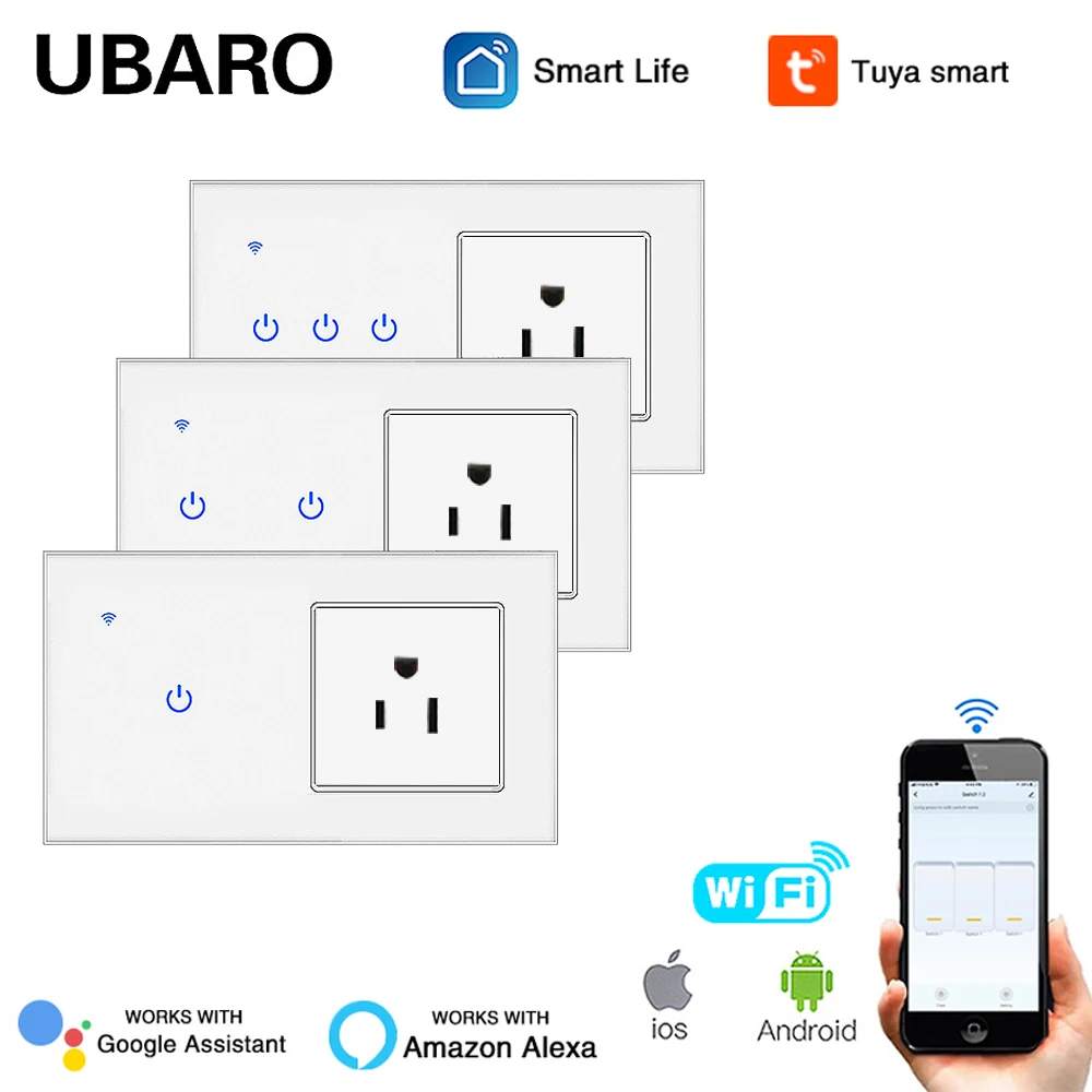 US Smart House Tuya Wifi Switch With Socket  Glass Panel Sensor Button Inteligente Work With Google Home Alexa Voice Control