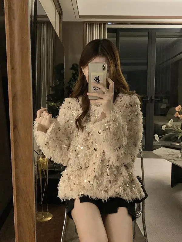 

Sweet Sequin Sweater Women's Large Size Autumn New Sle ular Knitted Top Commute Sle Loose Fit Long Sve round Ne