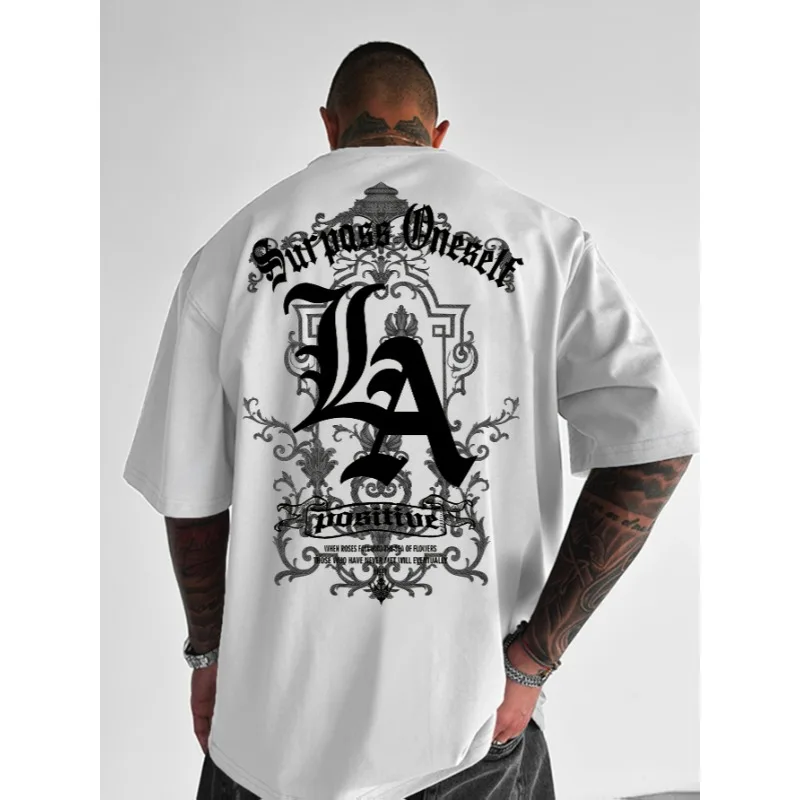 

Men's Summer 100 Cotton Fashion Casual Sports Loose Back Large LA Letter Printed Crew Neck T-Shirt