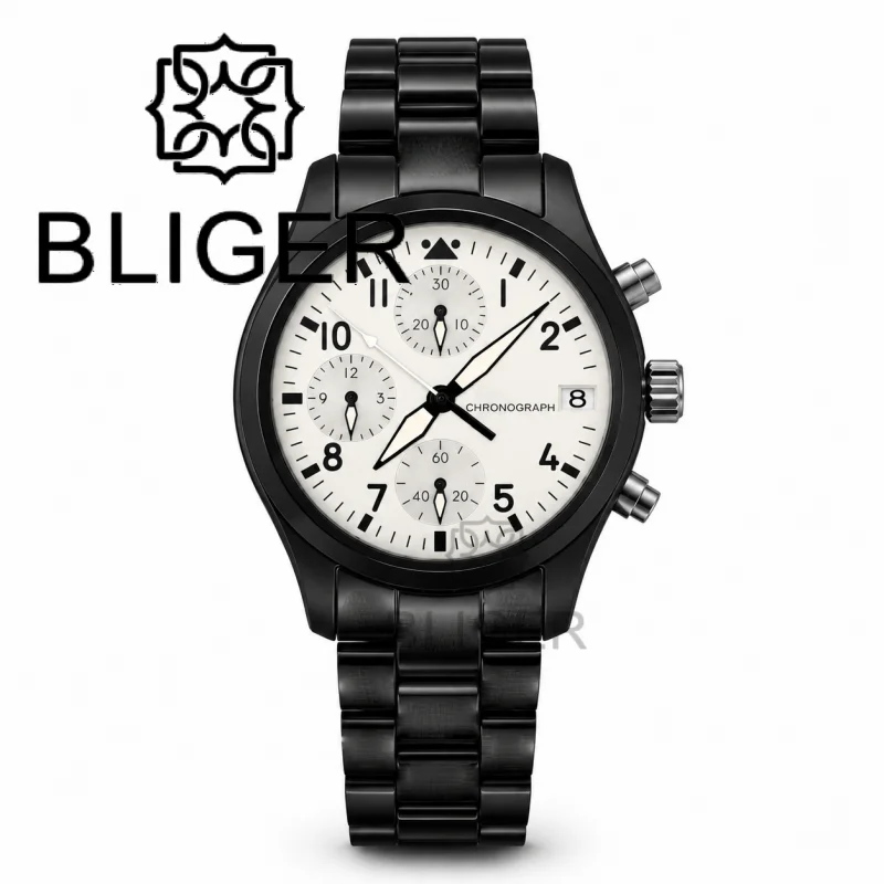 BLIGER Full Black Brushed 38mm VK67 Quartz Aviator Chronograph Watch For Men Domed Sapphire Glass Luminous Dial Waterproof Date view 5