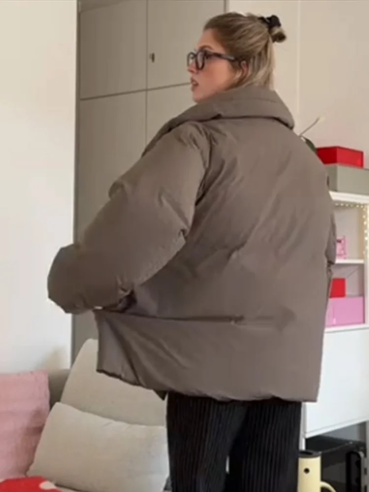 

High Neck Puffer Cotton Jacket Women Warm Coat Elegant Loose Thick Jackets Female Chic 2025 Street All-match Outwear Tops