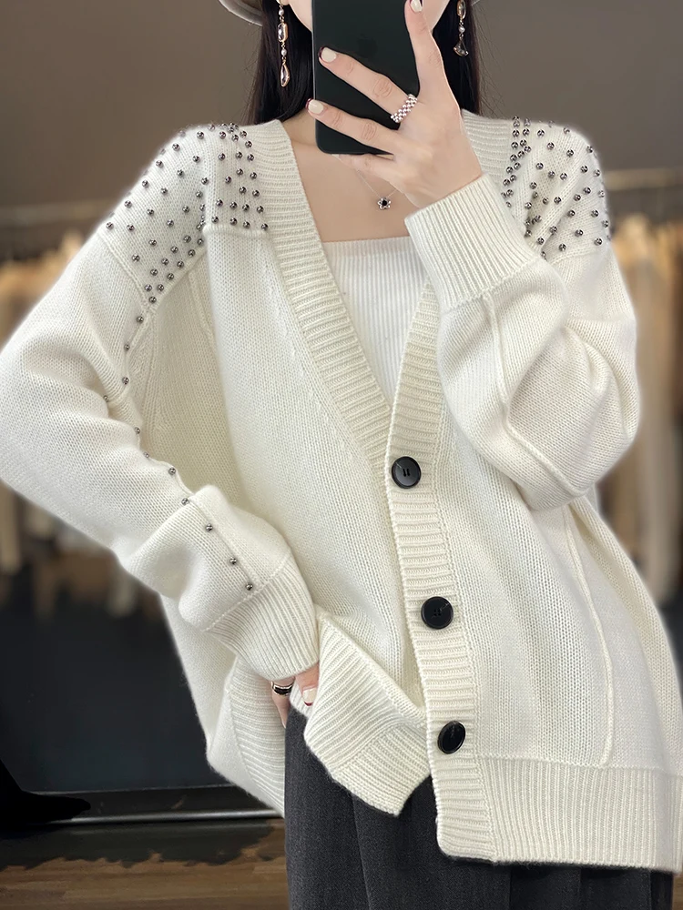 

Large Size Women's Cardigan Fall Winter 100% Merino Wool V-Neck Sweater Long Sleeve Jumpers Knitted Top Outerwear Fashion Trends