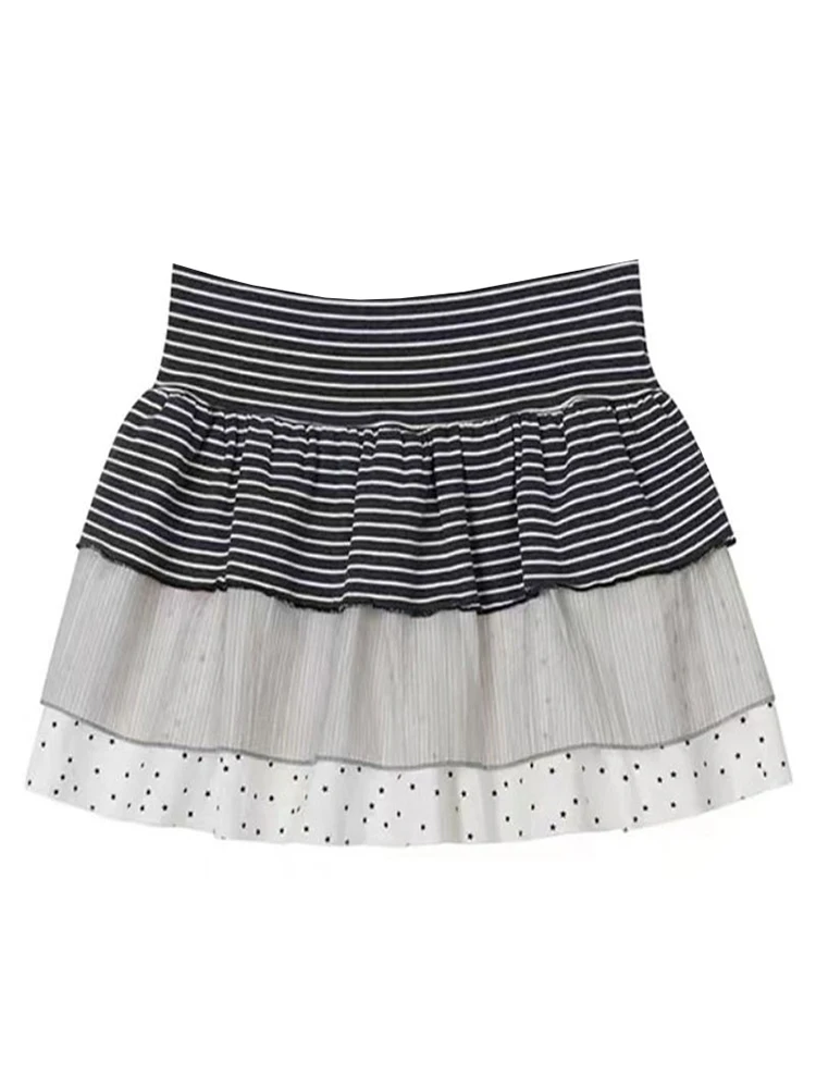 High Waist A-Line  Skirt Women's Summer Pleated Stripe Splice Cake Skirt Korean Sle Baking Sweet ort Skirt
