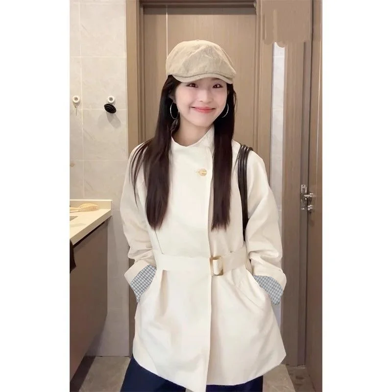 سترة واقية الوقوف طوق معطف الربيع والخريف جديد الخصر صغير متوسط طول معطف الموضة البريطانية فضفاضة