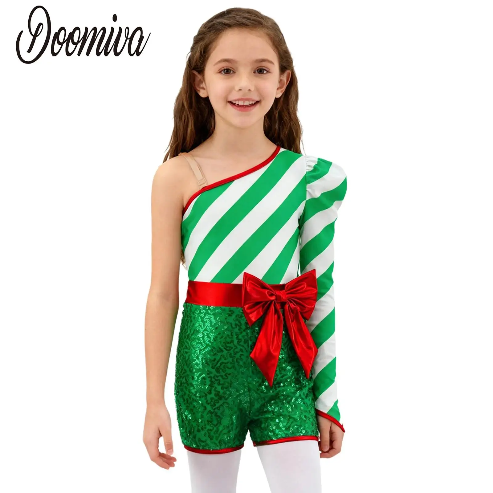 

Girls Christmas Candy Cane Costume Jazz Leotards Gymnastic Dress Sequin One Long Sleeve Zipper Bow Jumpsuit for Xmas Performance