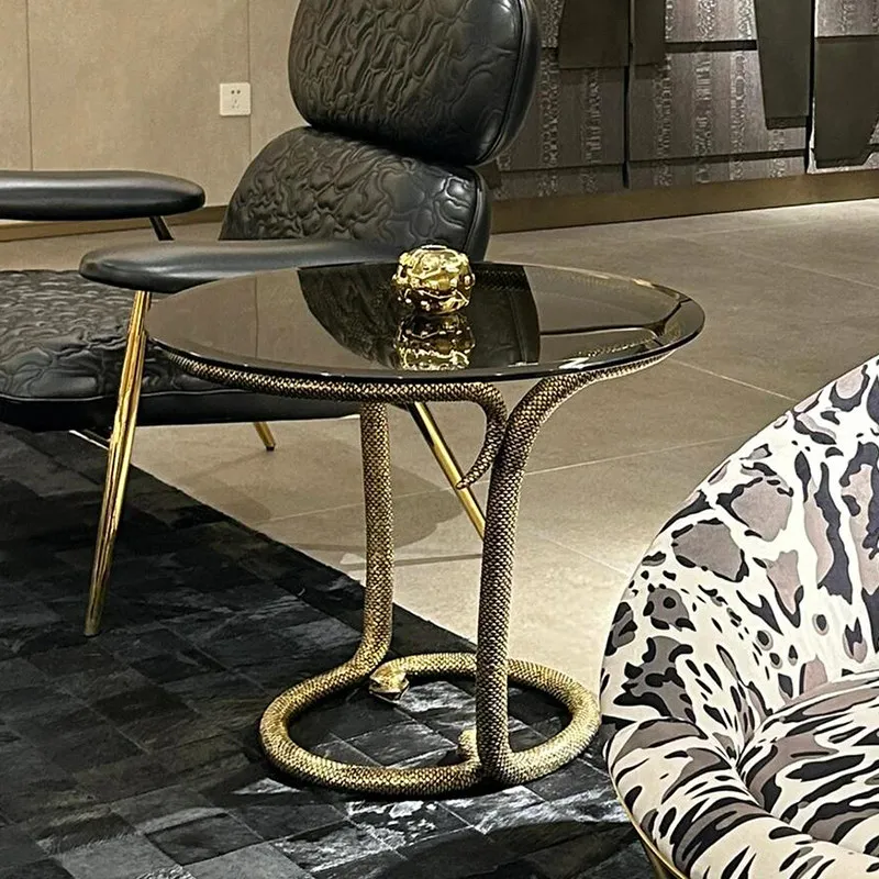 *Italian Round Side Table Pure Copper Snake Design Tempered Glass Modern Luxury for Living Room Made of Metal Material