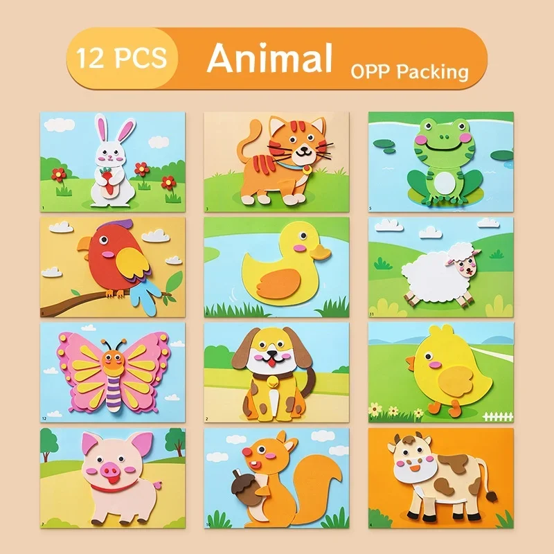 3D EVA Foam Stickers Puzzle Game DIY Cartoon Animal Learning Education Toys for Toddler Kids Art Craft Kits