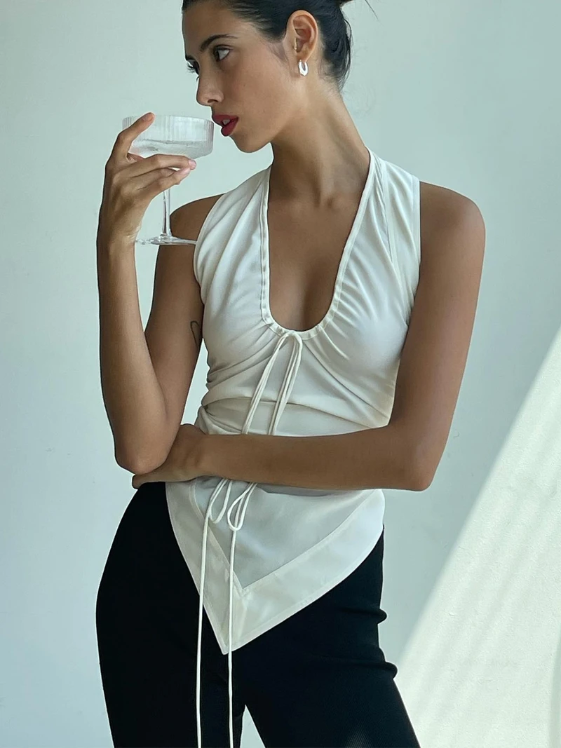 Summer Asymmetrical Design Svel Bal Top with Dstring Neline Trendy Blogger Sle Small Batch Production
