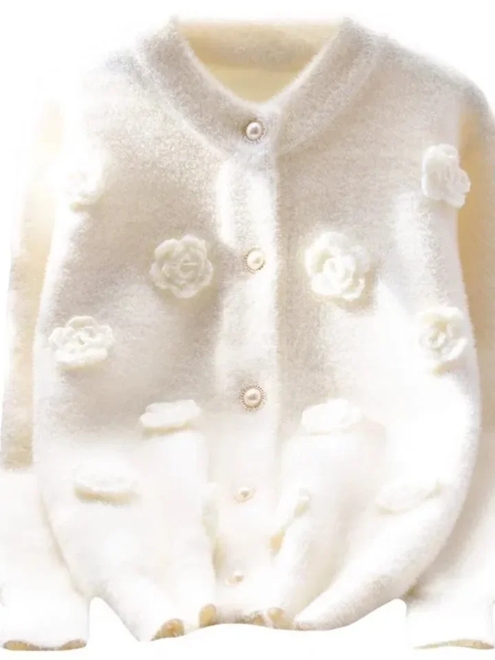 Pele de vison 3d flor camisola feminina solta manga comprida único breasted primavera novo coreano o-pescoço malha cardigan