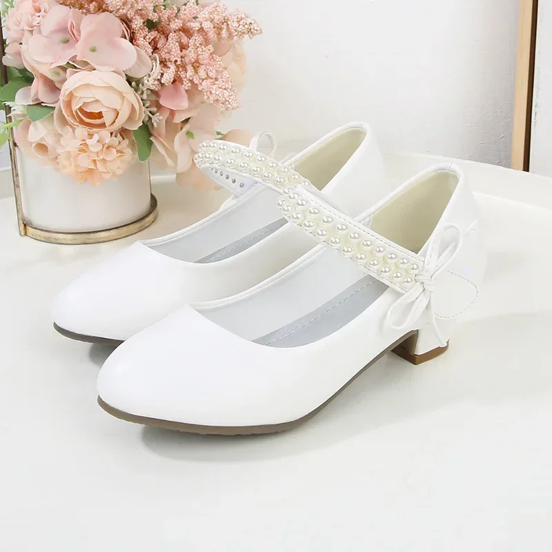 Kids Princess Leather Shoes for Girls Fahsion Pearl Bow Children High Heels Party Dance Shoes 3-12 Years Old