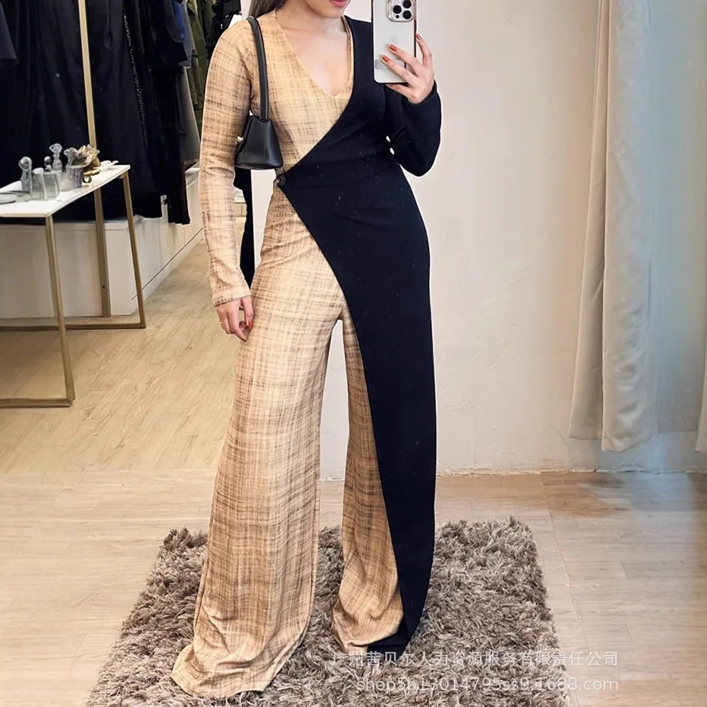 จั๊มพ์สูทขายาวทรงหลวมคอวีแขนยาวสีตัดต่อแบบสองชิ้นหลอกๆ สไตล์ลำลองสำหรับผู้หญิง