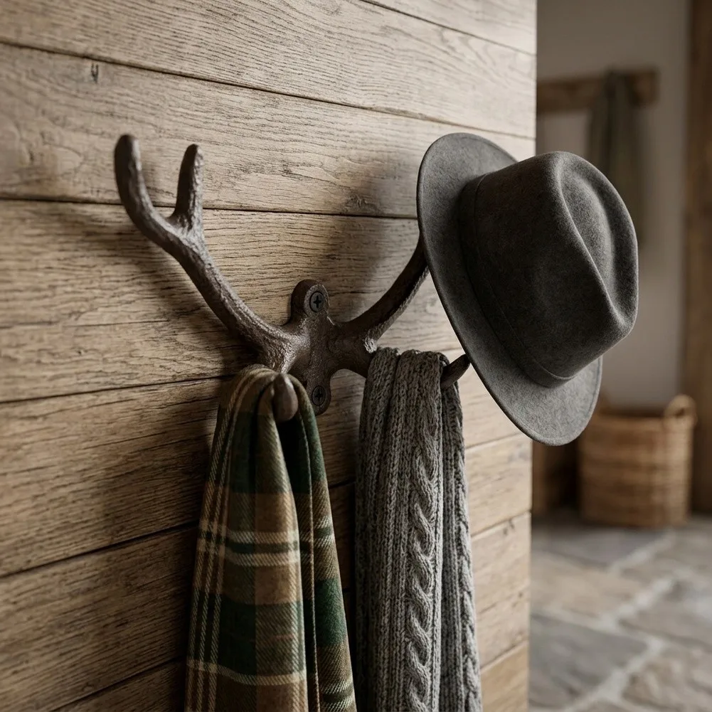 Cast iron antler wall hook with rustic appeal for holding cloth hats scarves and keys in entryway or living space
