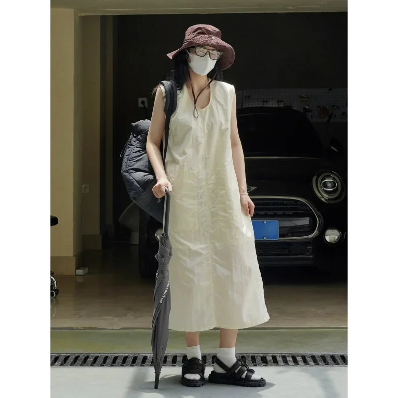 Women Summer Straight Sleeveless Dresses Round Neck Tie Loose Thin Vest Female Commuting Simple Clothing Slit Cream White