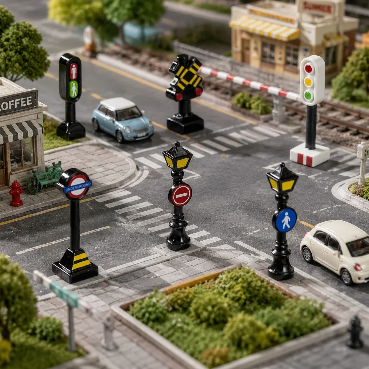 Random 6pcs Mini Traffic Signals & Street Lamp Model Set, Micro Road Signal Mark Ornaments, Diorama Scene Layout Accessories