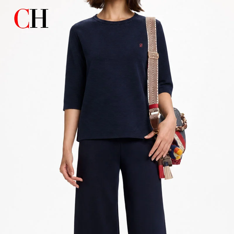 CH Women's Ribbed Knit Sweater Top Crew Neck 3/4 Sleeve Soft Casual Loose Fit Minimalist Daily Wear Pullover