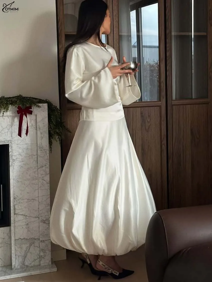 

Oymimi Fashion White Satin Sets Woman 2 Piece Elegant O-Neck Long Sleeve Lace-Up Blouses And Zipper High Waist Loose Skirts Sets