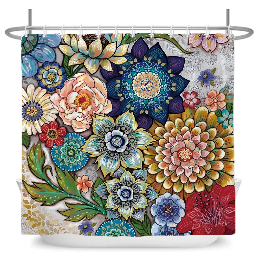 Mandala Bohemian style Shower Curtain, Datura pattern Waterproof Polyester Fabric Bath Curtain,Art Boho Bathroom Curtains