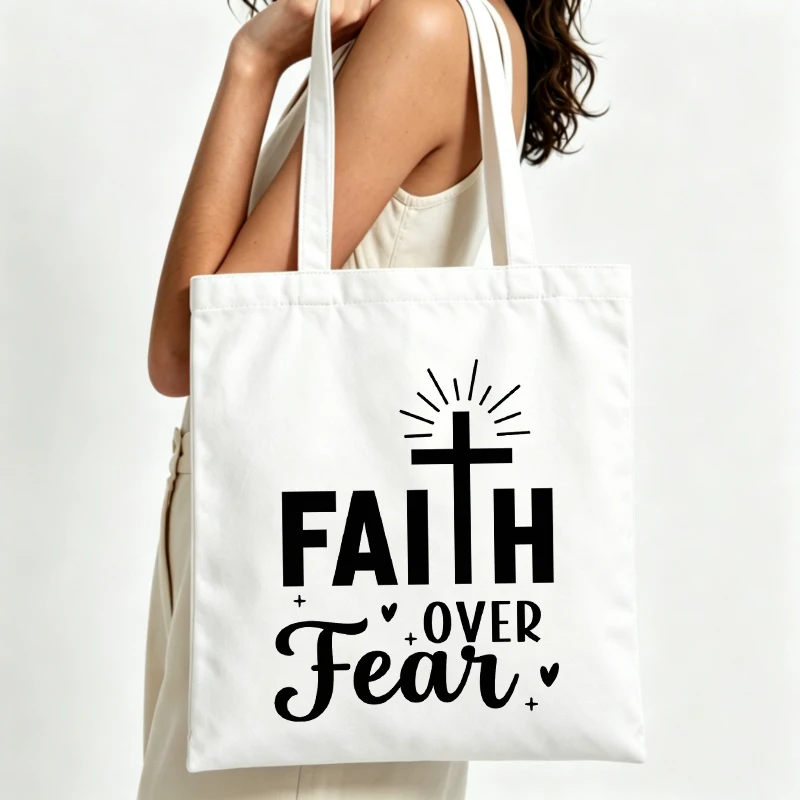 Women's cross and letter print canvas tote bag, casual style for daily shopping and church outings