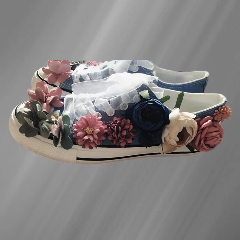 Lage top bloemenlint grote maat canvas schoenen handgemaakte comfortabele casual ademende sport damesschoenen 35-40